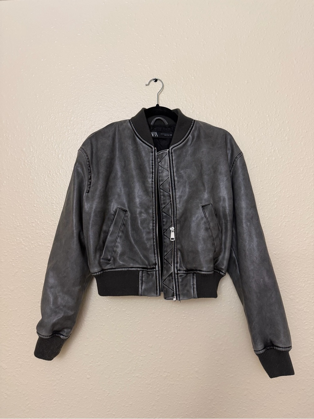 Zara Women's Gray Cropped Bomber Jacket Vegan Leather